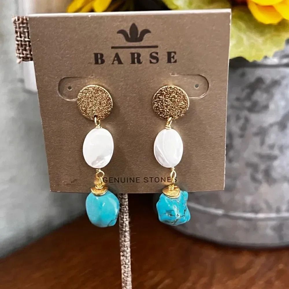 NWT Barse Genuine Stones Pearl & Magnesite Blue, White & Gold Post Earrings #BJ2
